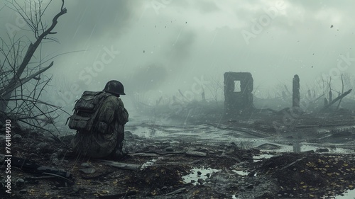 artificial intelligence generated image of a war zone with soldiers, has a sad, dark mood, photo