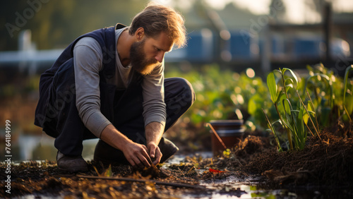 Gardener Planting Seedlings in a Greenhouse.