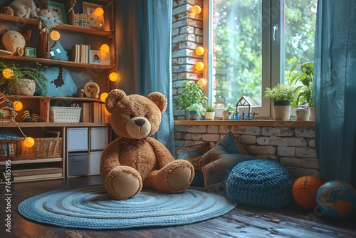 A warm, cozy corner with a teddy bear, plants, and comfy pillows, capturing a child's imaginative space