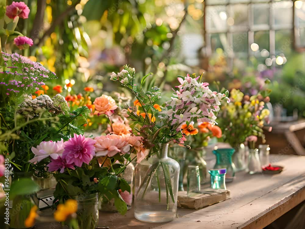 a wooden table topped with lots of vases filled with flowers