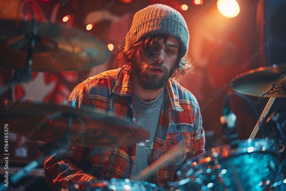 Intense musician playing drums with concentration in a dimly lit environment with a dramatic atmosphere