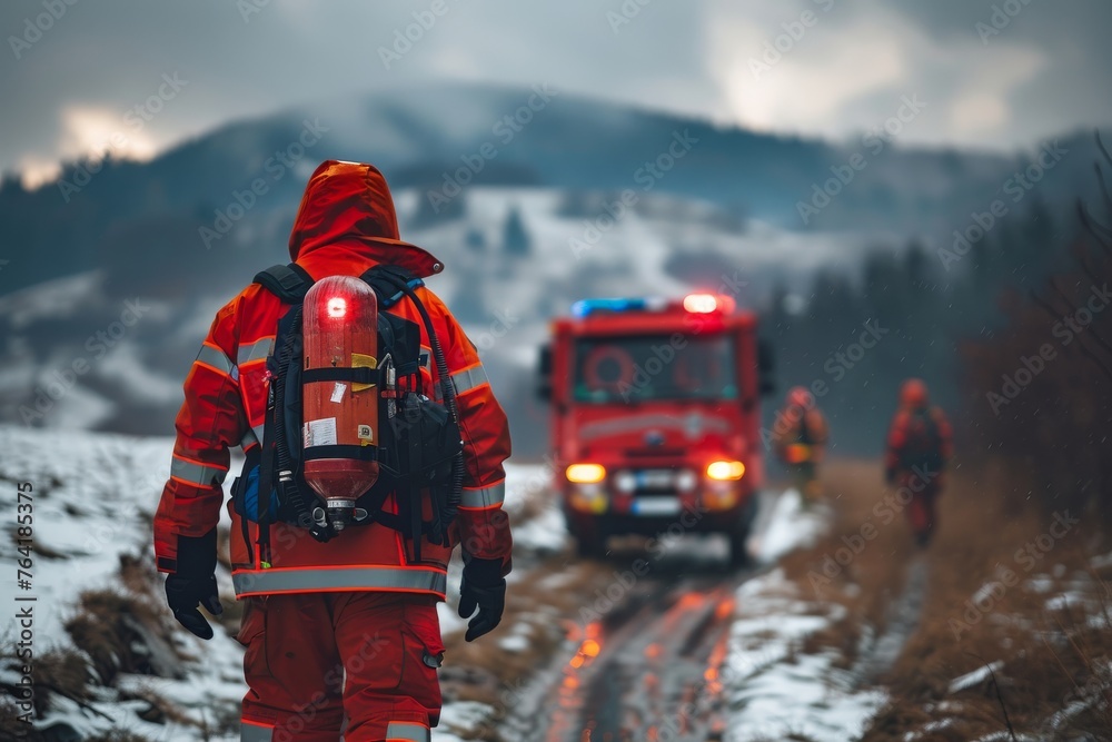 Rescue team in red uniforms on a mission, trudging through snowy terrain towards their vehicle on a cold day
