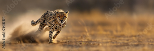 Cheetah running to hunt in the savannah, panoramic wildlife banner with copy space