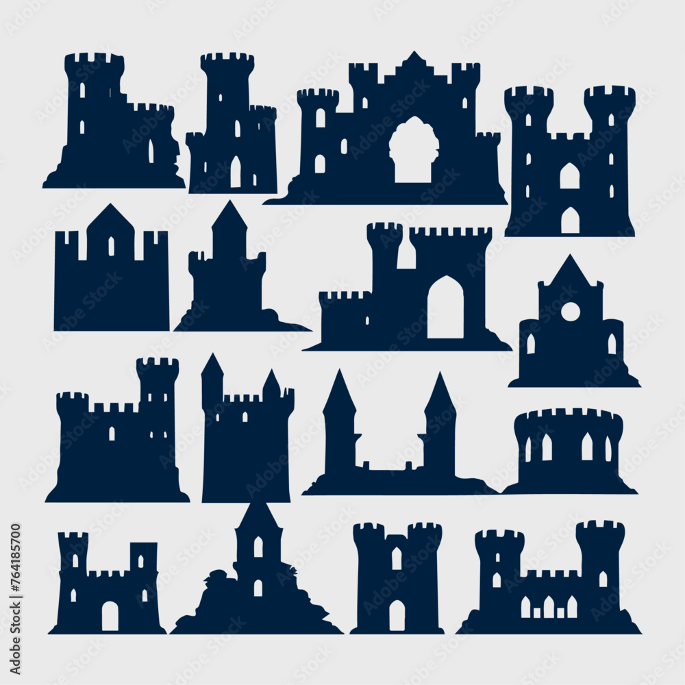 castle ruins silhouette set