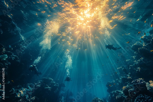Mesmerizing underwater vista with divers surrounded by sunbeams penetrating the serene blue ocean depth © svastix