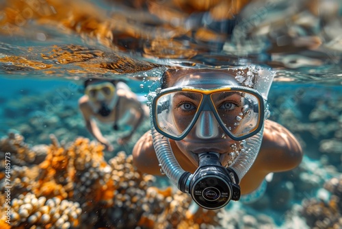 A scuba diver explores vibrant coral reefs, swimming under deep blue water, capturing aquatic life and adventure photo