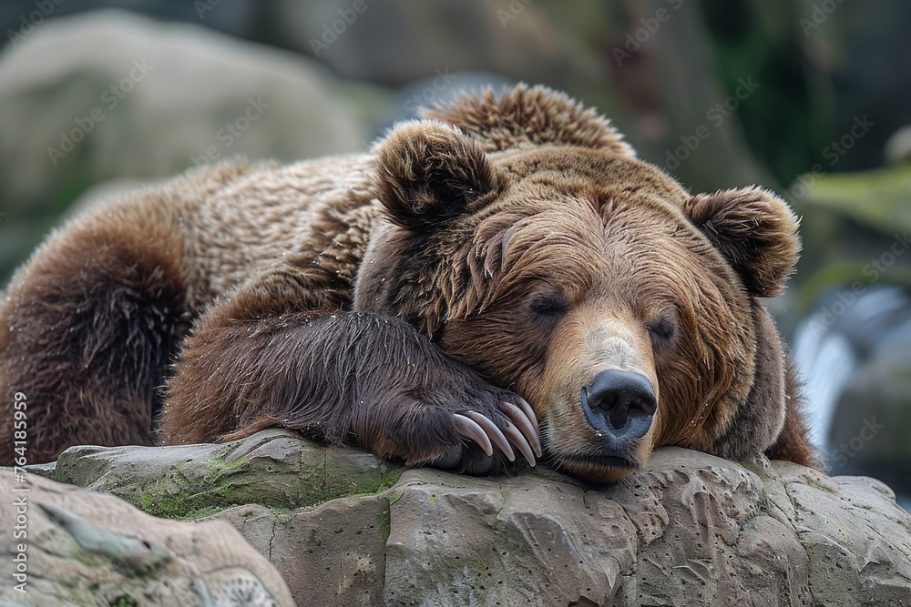 Obraz premium Peaceful brown bear captured taking a moment of rest, its face a portrait of relaxation on a rock amid nature
