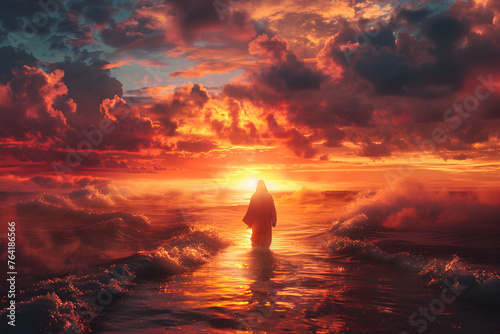 The figure of Jesus walks on water on a beautiful dramatic sunset background, biblical theme concept. photo