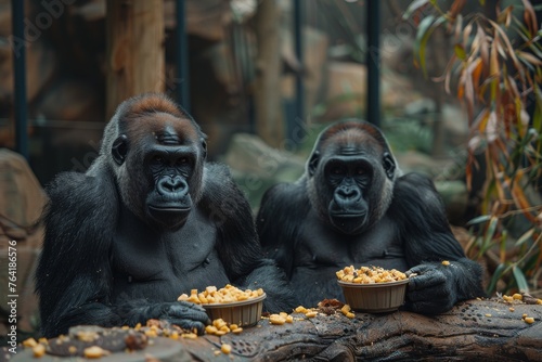 Two gorillas sitting peacefully while consuming snacks in a recreated natural environment in captivity