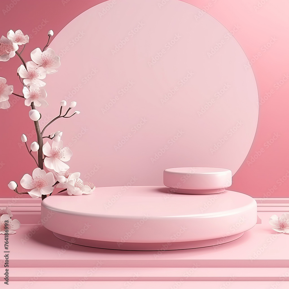 Empty round podium for product display on pink background with cherry blossoms Generative AI illustration