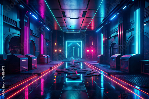 Dark room with neon lights and a glowing floor. Futuristic neon  Cyber neon lights