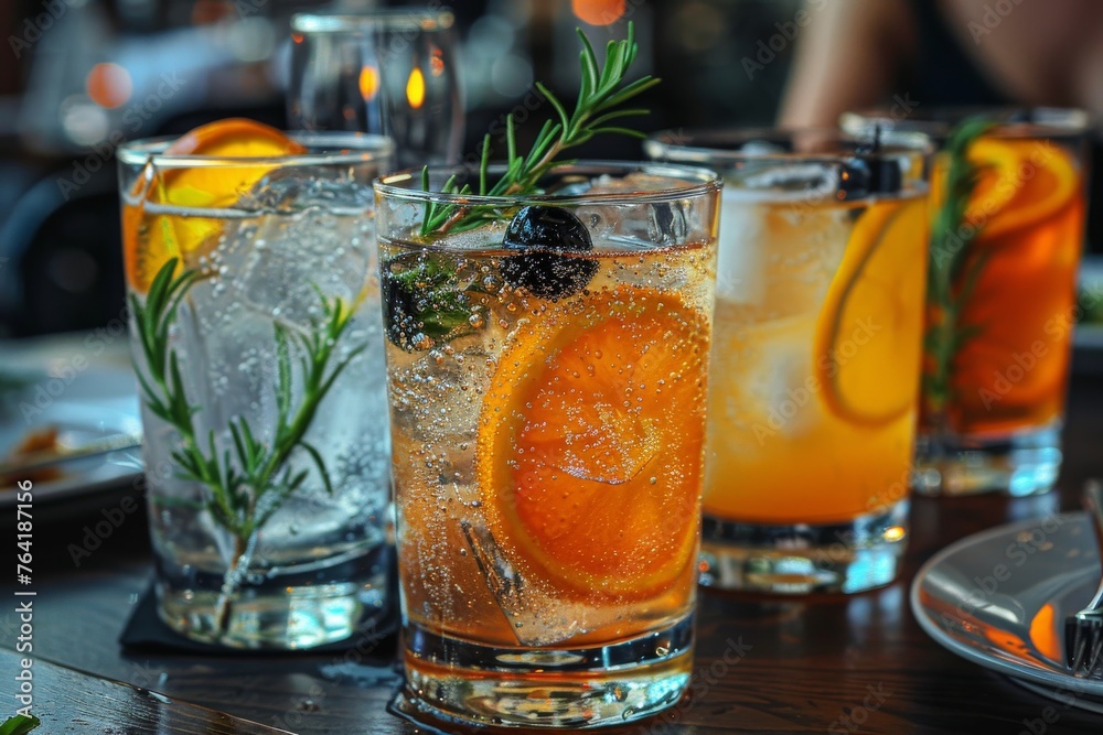 An array of fresh cocktails with botanical garnishes lined up on a bar, symbolizing variety and taste An array of fresh cocktails with botanical garnishes lined up on a bar, symbolizing variety and taste