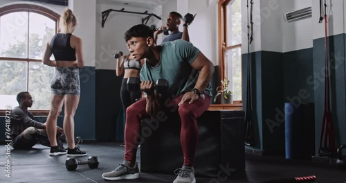 Multiethnic young male does dumbbell curls while seated in gym photo