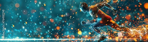 Augmented athlete, bionic limbs, breaking records in a digital stadium Photography, spotlight effect, motion blur photo