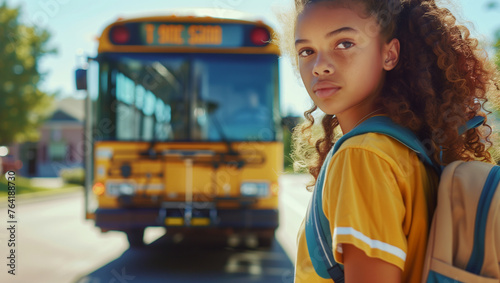 Mixed race american school girl child kid with a backpack, looks at the camera and goes to school. Girl in front of a bus	
