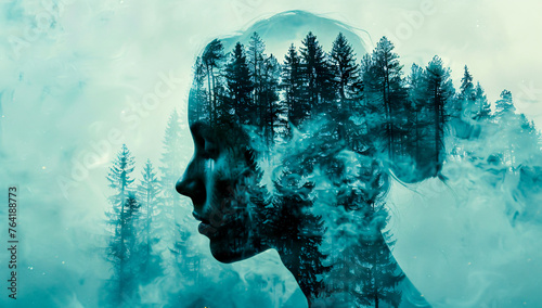 Creative double exposure portrait blending a person with nature, illustrating inner beauty