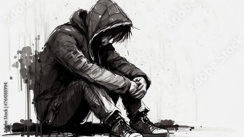 down and out young boy in a hoodie sitting on ground looking depressed. mental health concept. sketch style animation loop.