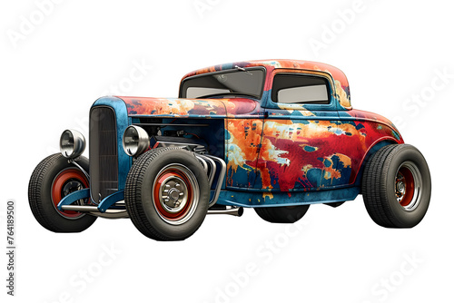 A 3D animated cartoon render of a vintage hot rod with a unique custom paint job. © Render John