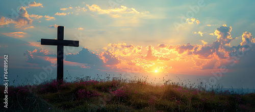 Silhouette of cross on Calvary hill against sky backdrop, depicting Christianity