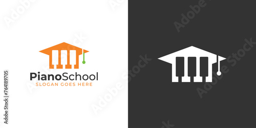 Creative Piano School Logo. Education Hat, Cap and Piano with Minimalist Style. Music Education Logo Icon Symbol Vector Design Inspiration.