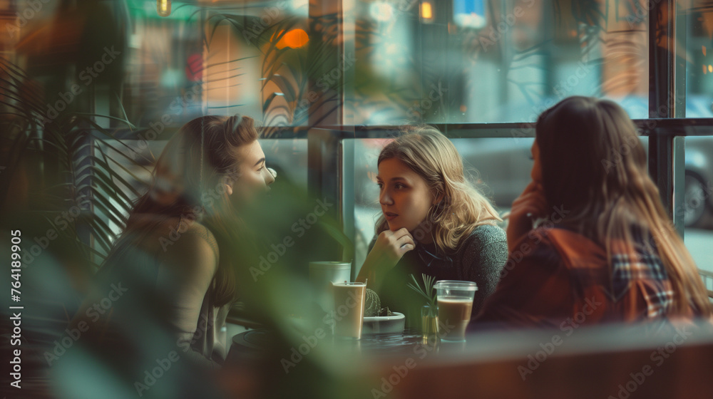 group of friends in a cafe drinking and chatting, friends sitting in pretty cafe restaurant group of friends in a cafe drinking and chatting, friends sitting in pretty cafe restaurant