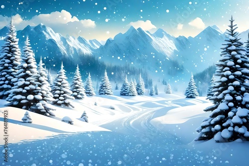 EPS 10 vector file showing christmas time nature landscape background with snow fields, firs, falling flakes and colored background2 © Awan
