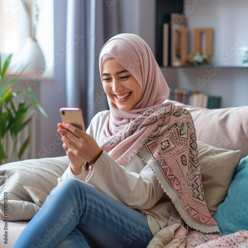 Happy young woman relax on comfortable couch at home texting messaging on smartphone, smiling girl use cellphone, chatting online message, shopping online from home Muslim American.