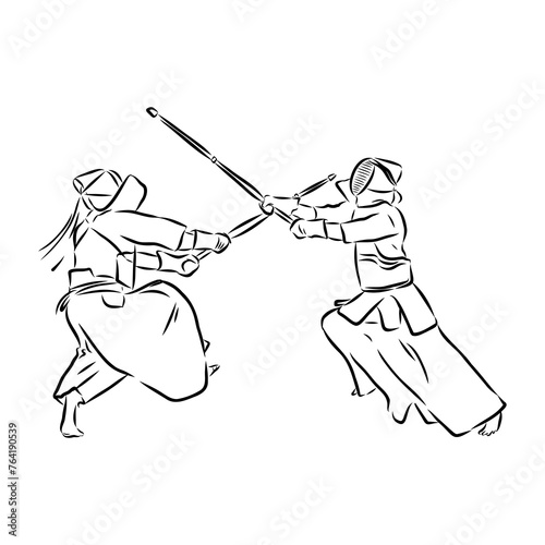 black and white sketch kendo samurai vector
