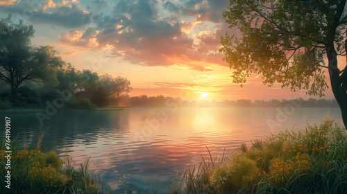 nature scene with a serene landscape featuring a calm lake, lush greenery, and a colorful sunset in the background, evoking feelings of peace, tranquility, and harmony with nature.