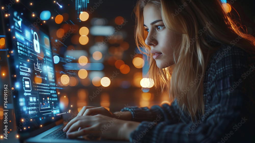 Showcase online privacy with a woman using a laptop computer, displaying a Privacy Lock icon on virtual screen interfaces, highlighting the importance of digital security.