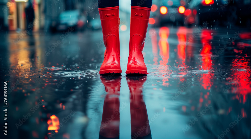Feet in red rubber boots rain puddle on city street background, fun in ...