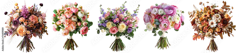 Collection of bridal bouquet consists from fall and spring flower, cutout, png isolated transparent background