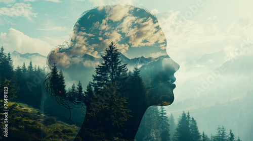 The outline of a human head contains a serene landscape background, symbolizing the concept of inner peace and mental tranquility. Ample copy space allows for additional messaging or branding. #764191123