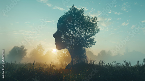 The outline of a human head contains a serene landscape background, symbolizing the concept of inner peace and mental tranquility. Ample copy space allows for additional messaging or branding.