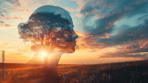 The outline of a human head contains a serene landscape background, symbolizing the concept of inner peace and mental tranquility. Ample copy space allows for additional messaging or branding. photo