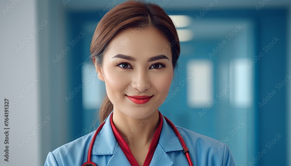 Happy Japanese female doctor poses indoors. Captured during daytime, highlights professionalism in healthcare. Happy Japanese female doctor poses indoors. Captured during daytime, highlights professionalism in healthcare.