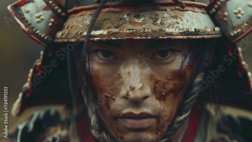 A man with a bloody face and a samurai helmet photo
