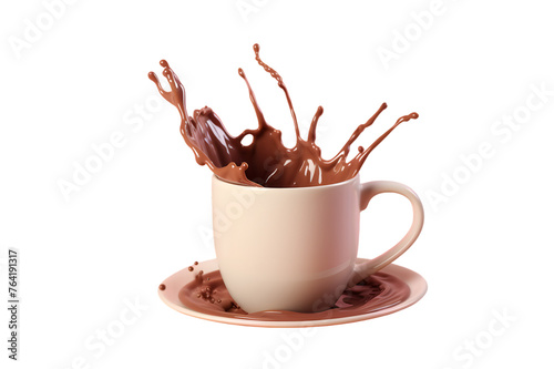 Splash of hot chocolate in a white mug isolated on transparent background