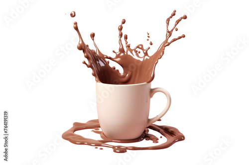 Splash of hot chocolate in a white mug isolated on transparent background