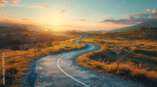 Symbolize the journey towards achieving one's dreams with an image of a winding road stretching into the distance, lined with signposts labeled with goals and aspirations.