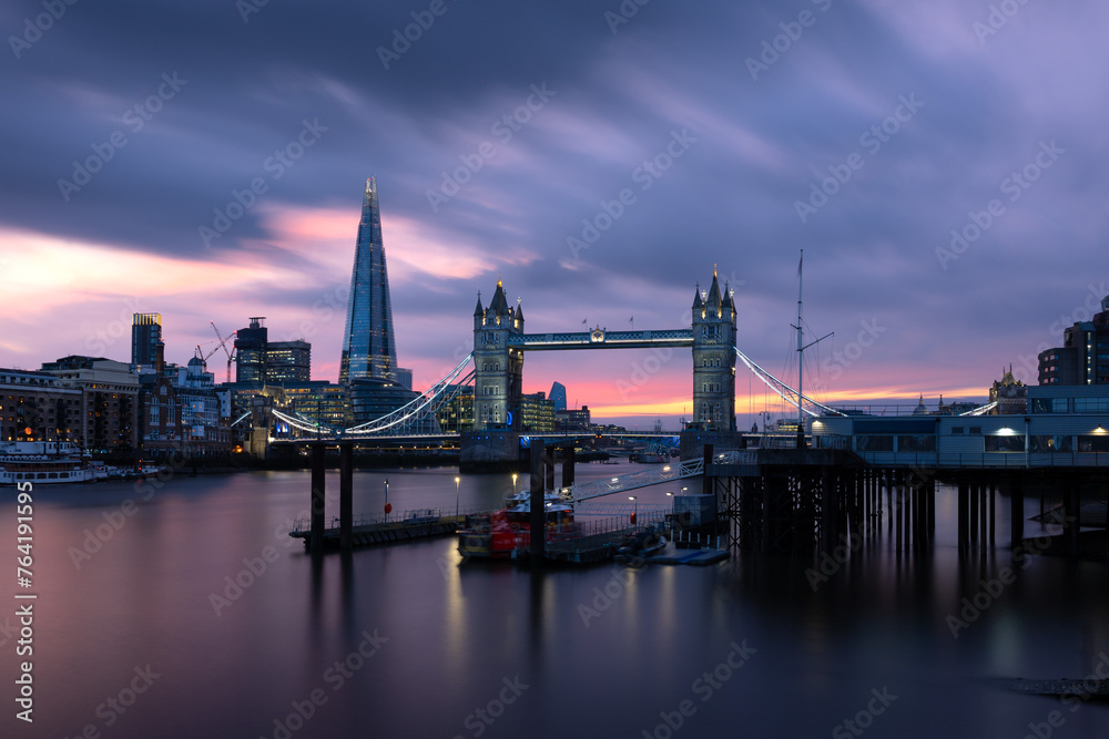 Vivid Blue Hour Colours in the Sky Above Tower Bridge and the River Thames, London