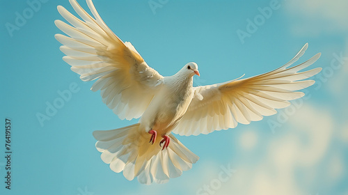 A white dove gracefully glides through the open sky, a symbol of peace and freedom.