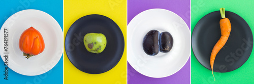 Collage of ugly fruit and vegetable on the black and white plate. Top view. Close-up.