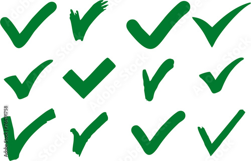 Check mark right or correct green icons. Different  checklist designs. Check-mark icon for business, office, poster, and web designs. Fabric print design in high HD resolution. © munir