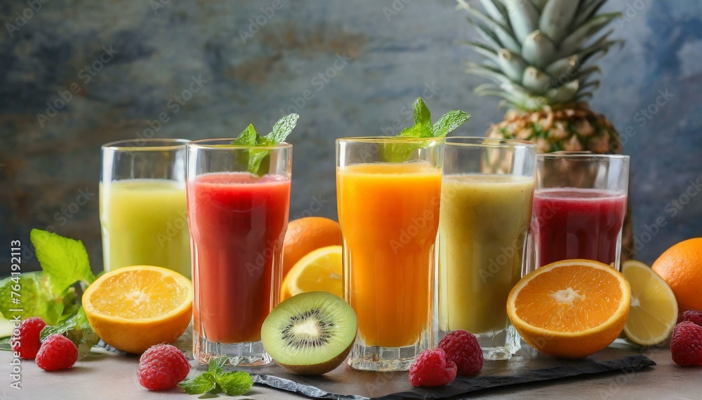 Glasses of Refreshing Juices with Fresh Fruits Glasses of Refreshing Juices with Fresh Fruits
