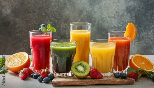 Vibrant Juices and Fresh Fruits Trio on Table