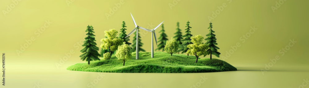 Lush green hills with wind turbines, representing clean energy and sustainability in a serene landscape.