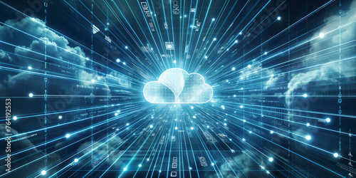 Digital Data Streams Flowing into Cloud Computing Network Against a Sky Background Wallpaper.