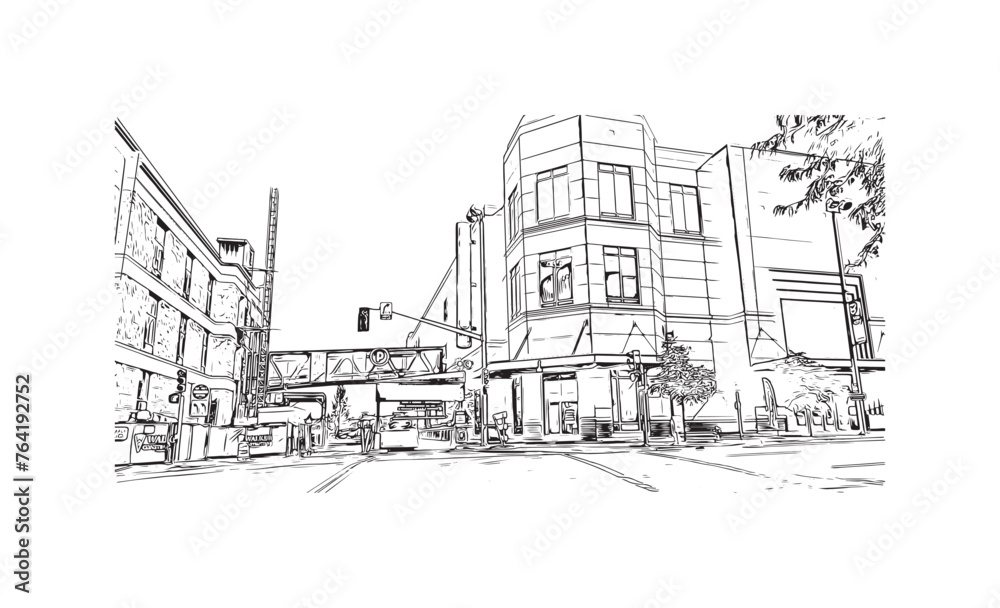 Print Building view with landmark of Spokane is the most populous city in United States. Hand drawn sketch illustration in vector.