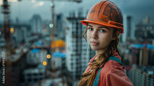 portrait of a beautiful worker in helmet PPE
